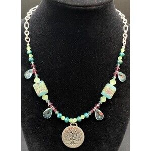 Handmade Tree of Life Necklace Purple Aqua Crystals & Glass Beads by Neanie-Bot